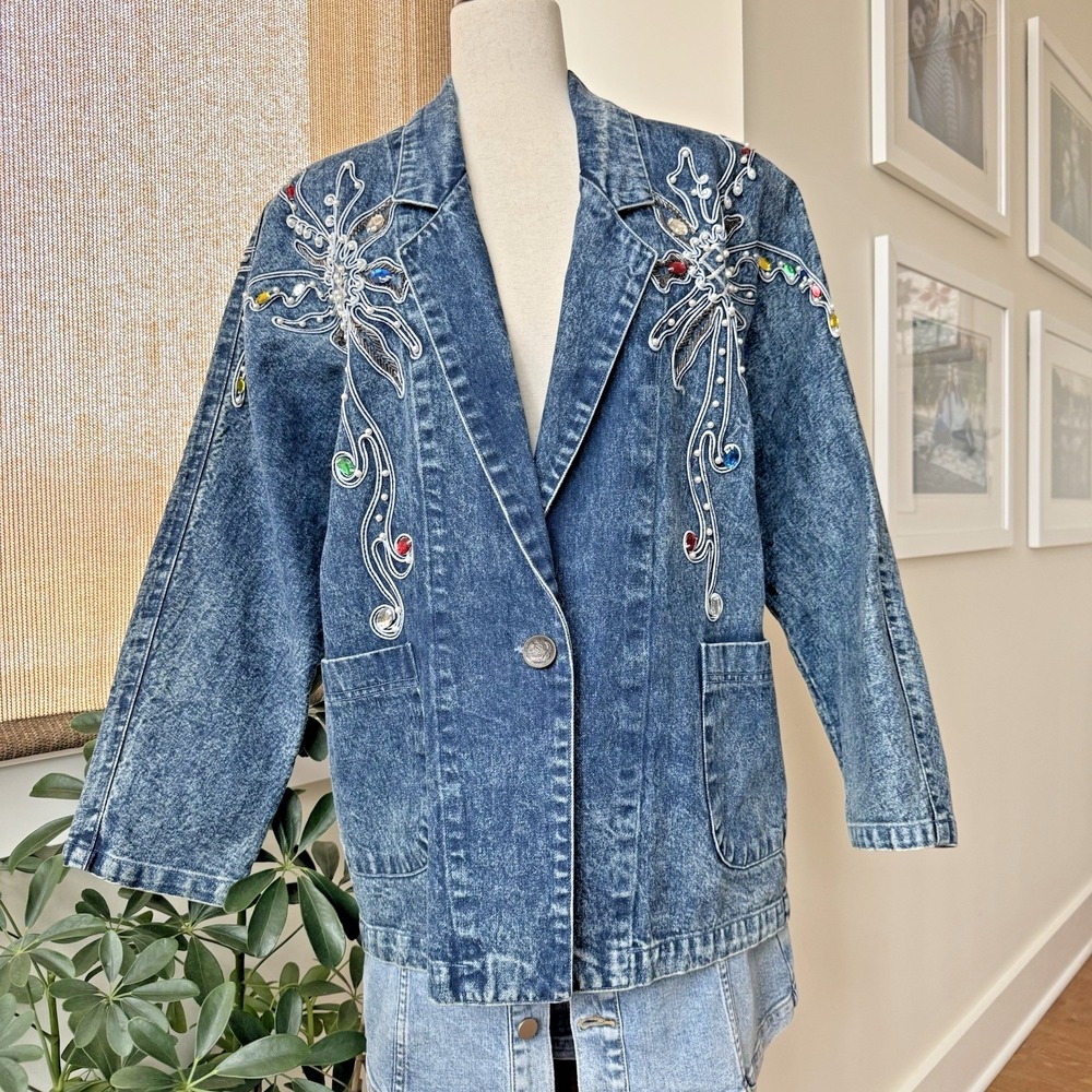 Golden River Embellished Denim Jacket Large 80s 90s‎ Western Beaded Rhinestone